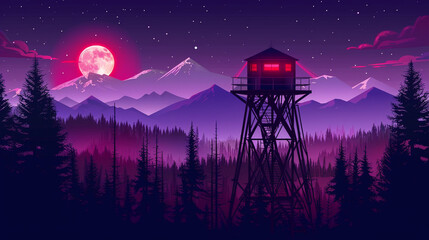 Naklejka premium Firewatch tower in the middle of a forest. Simple illustration with flat design, mountains and a moon in the background. 