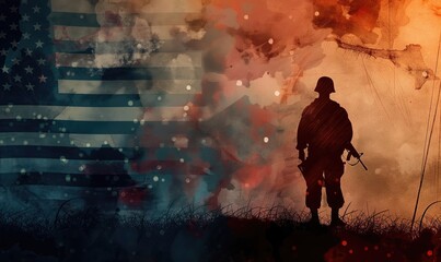 Soldier silhouette with a rifle against American flag illustration background on commemoration memorial day - obrazy, fototapety, plakaty