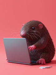 A Cute 3D Mole Using a Laptop Computer in a Solid Color Background Room