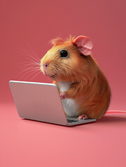 A Cute 3D Guinea Pig Using a Laptop Computer in a Solid Color Background Room