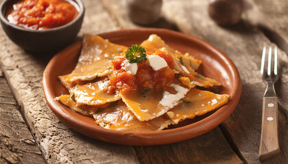 Mexican chilaquiles with salsa over wooden table. Tasty meal. Delicious food for dinner. Culinary concept.