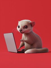 A Cute 3D Ferret Using a Laptop Computer in a Solid Color Background Room