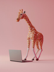 A Cute 3D Giraffe Using a Laptop Computer in a Solid Color Background Room