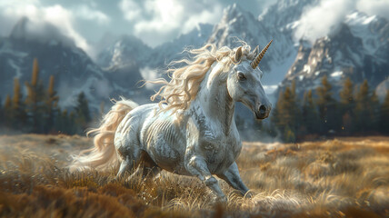 white unicorn horse in the mountain, white hairs, HD image of fantasy photography