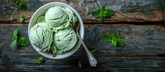 Green Ice Cream in Wooden Bowl
