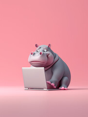 A Cute 3D Hippo Using a Laptop Computer in a Solid Color Background Room
