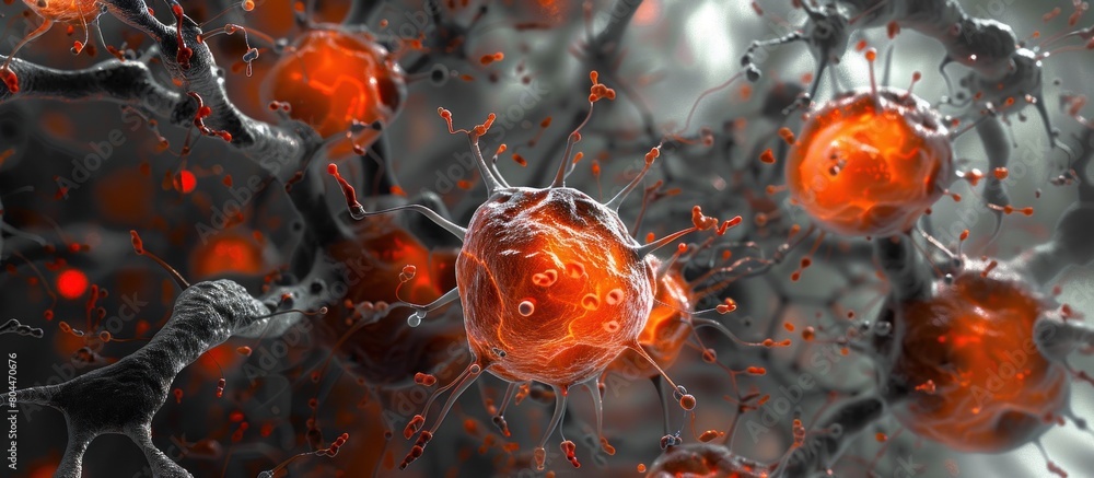 Poster detailed view of a cell filled with numerous orange spherical structures, likely astrocytes filled w