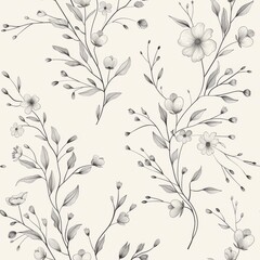 Simple Seamless Minimalist Lineart Wedding Pattern with Floral Bouquets and Vines

