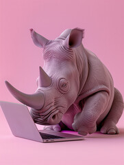 A Cute 3D Rhino Using a Laptop Computer in a Solid Color Background Room