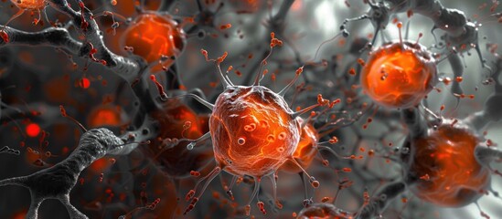 Detailed view of a cell filled with numerous orange spherical structures, likely astrocytes filled with Golgi method, found in the grey matter of the brain.