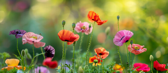 Fototapeta premium Colorful poppies and other flowers in a blurred background