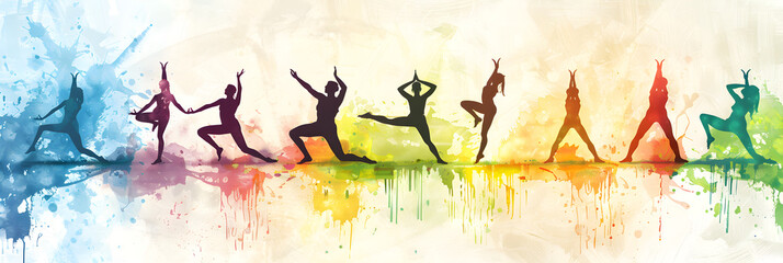 Dynamic Display of Silhouette Figures in Diverse Tranquil Yoga Poses on Pastel Backdrop