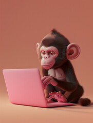 A Cute 3D Monkey Using a Laptop Computer in a Solid Color Background Room