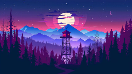 Firewatch tower in the middle of a forest. Simple illustration with flat design, mountains and a moon in the background. 
