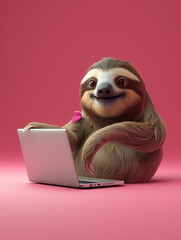 A Cute 3D Sloth Using a Laptop Computer in a Solid Color Background Room