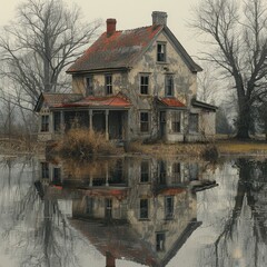 Reflections of Time: The Haunting Beauty of an Old House Mirrored in the Water