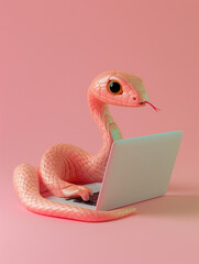 A Cute 3D Snake Using a Laptop Computer in a Solid Color Background Room