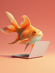 A Cute 3D Fish Using a Laptop Computer in a Solid Color Background Room