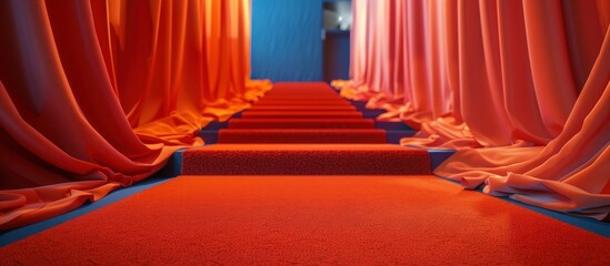 Long Red Carpeted Hallway With Orange Curtains