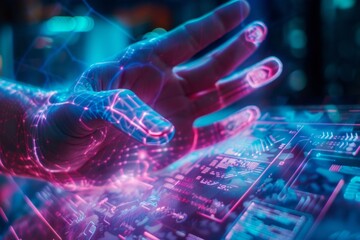 A close-up of a human hand interacting with a holographic interface, emphasizing the human element in cybersecurity, photorealistic