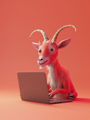 A Cute 3D Goat Using a Laptop Computer in a Solid Color Background Room