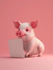 A Cute 3D Pig Using a Laptop Computer in a Solid Color Background Room