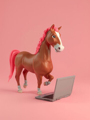 A Cute 3D Horse Using a Laptop Computer in a Solid Color Background Room