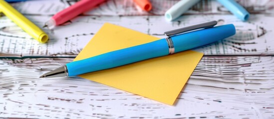 A bright blue pen is placed on top of a vibrant yellow sticky note, creating a simple yet striking contrast in colors.