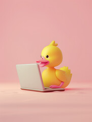 A Cute 3D Duck Using a Laptop Computer in a Solid Color Background Room