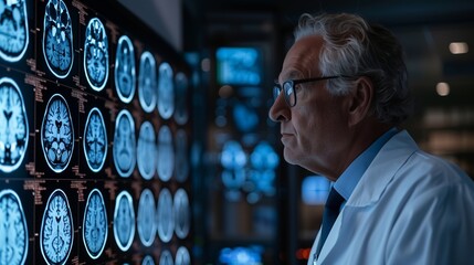 Doctor seeing Magnetic Resonance Imaging (MRI) film to diagnose brain disease.