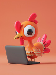 A Cute 3D Turkey Using a Laptop Computer in a Solid Color Background Room