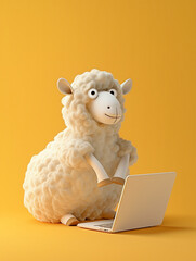 A Cute 3D Sheep Using a Laptop Computer in a Solid Color Background Room