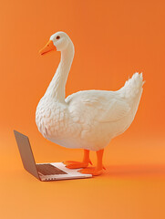 A Cute 3D Goose Using a Laptop Computer in a Solid Color Background Room