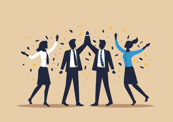 Teammates High-Five for Success Celebrating Organizational Win - Minimalist Vector of Diverse Professionals, Staff Unity, Teamwork, Partnership