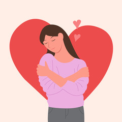 Self love concept, woman hugging herself. Love yourself. Love your body concept. Girl Healthcare Skincare. Woman hugging herself with hearts. Vector illustration.