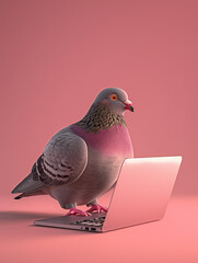 A Cute 3D Pigeon Using a Laptop Computer in a Solid Color Background Room