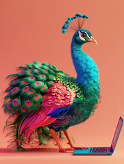 A Cute 3D Peacock Using a Laptop Computer in a Solid Color Background Room