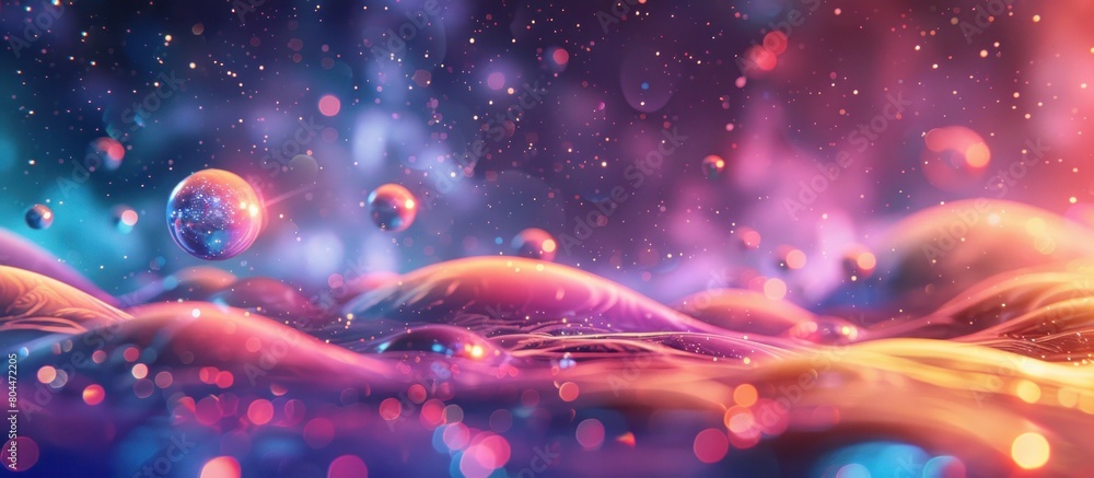 Poster multicolored bubbles float in the air, creating a vibrant and dynamic background.