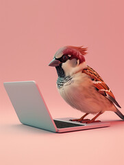 A Cute 3D Sparrow Using a Laptop Computer in a Solid Color Background Room