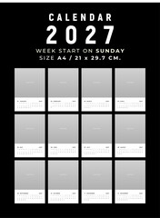 Calendar 2027 clean and minimal design size A4, Week start on sunday