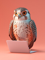 A Cute 3D Falcon Using a Laptop Computer in a Solid Color Background Room