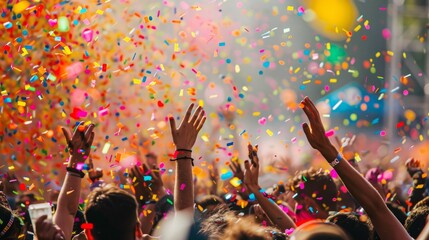 A large group of diverse individuals standing with hands raised in the air at an event or protest.