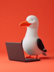 A Cute 3D Seagull Using a Laptop Computer in a Solid Color Background Room