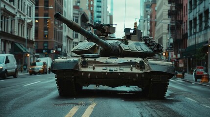 A dramatic low-angle shot of an Military tank M1 Abrams rolling down a city boulevard, its gun...