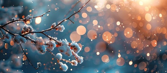 Snow-Covered Tree Branch Close Up - obrazy, fototapety, plakaty