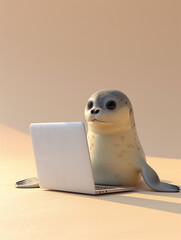 A Cute 3D Seal Using a Laptop Computer in a Solid Color Background Room