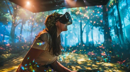 A woman wearing a virtual reality headset is standing in a forest, immersed in the digital world.
