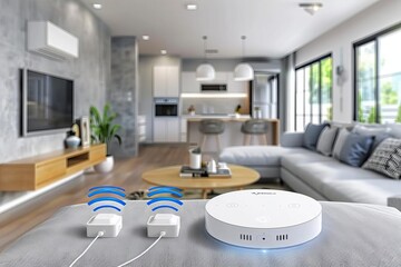 A 3D rendering of a robot assistant in a smart home environment, seamlessly controlling various smart devices with voice commands, The images are of high quality and clarity