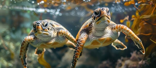 Loggerhead Sea Turtles Swimming in Aquarium