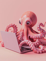 A Cute 3D Octopus Using a Laptop Computer in a Solid Color Background Room